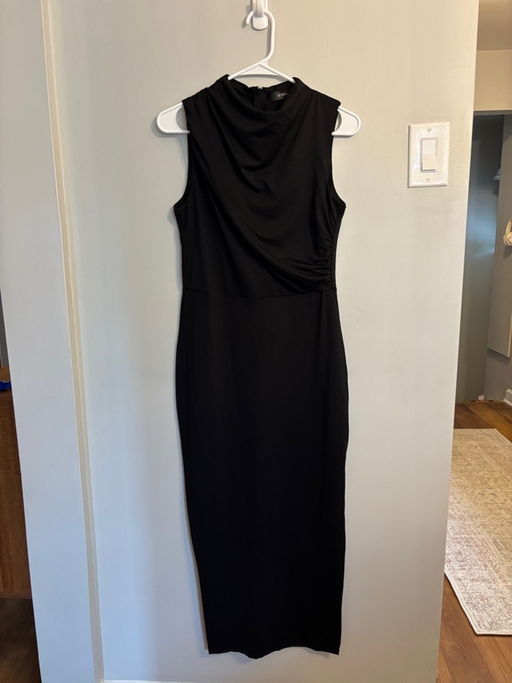 Sleeveless Mock Neck Black Midi Dress with Side Slit - Picture 2 of 12